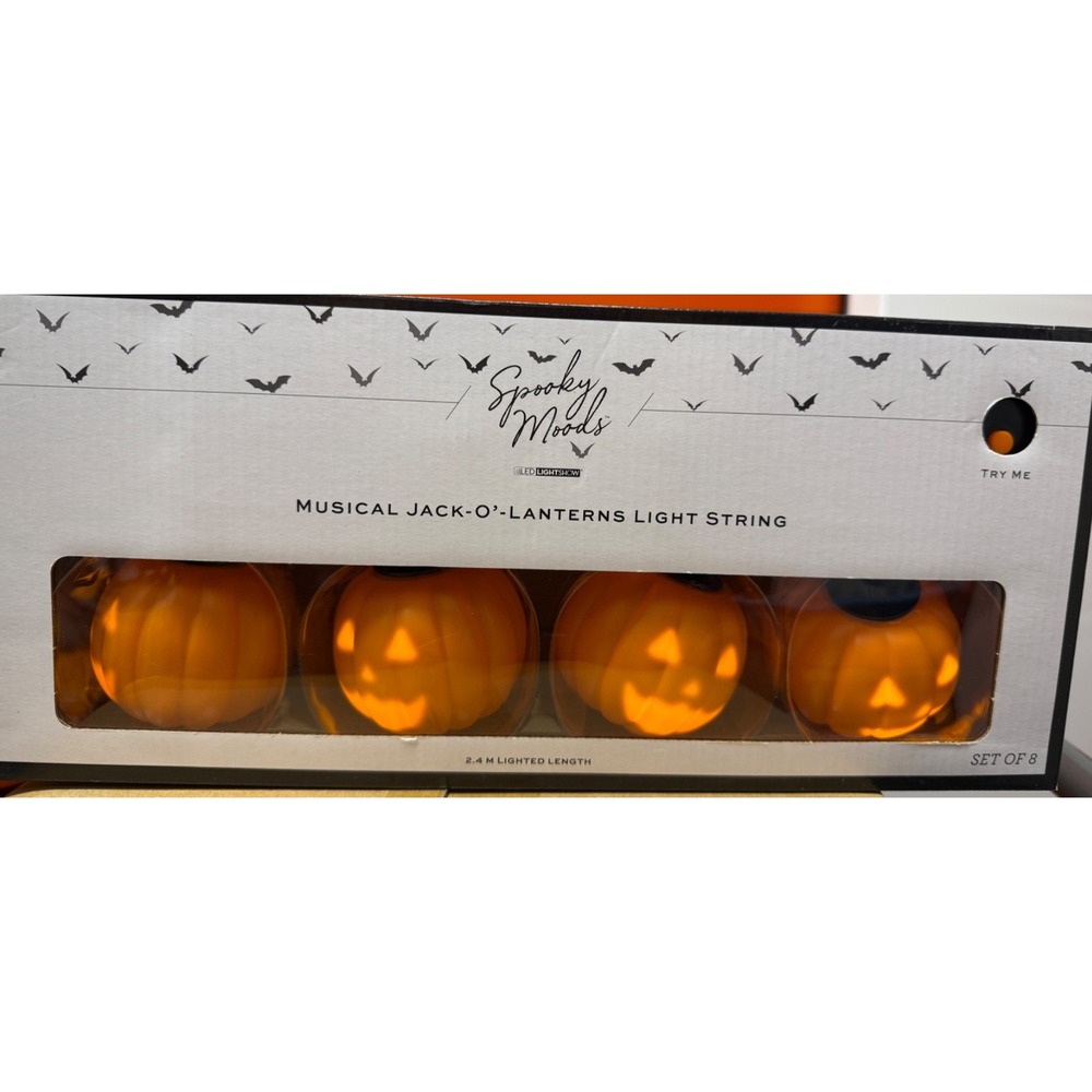 Spooky Moods Gemmy Jack-O'-Lantern String Lights 8 Pumpkins Singing MONSTER MASH